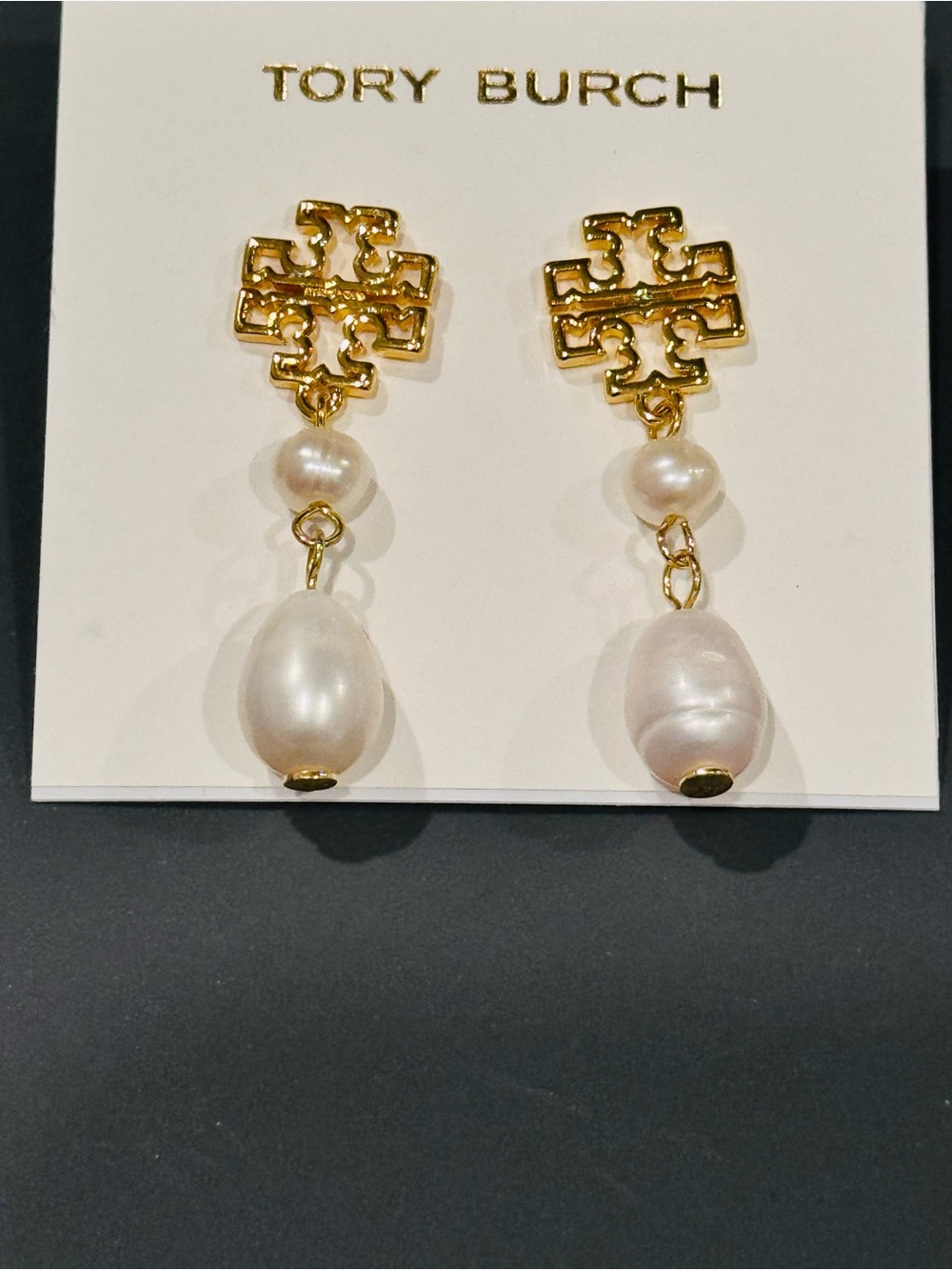 Tory Burch Gold Double T Logo Graduated Pearl Drop Earrings 1.75”